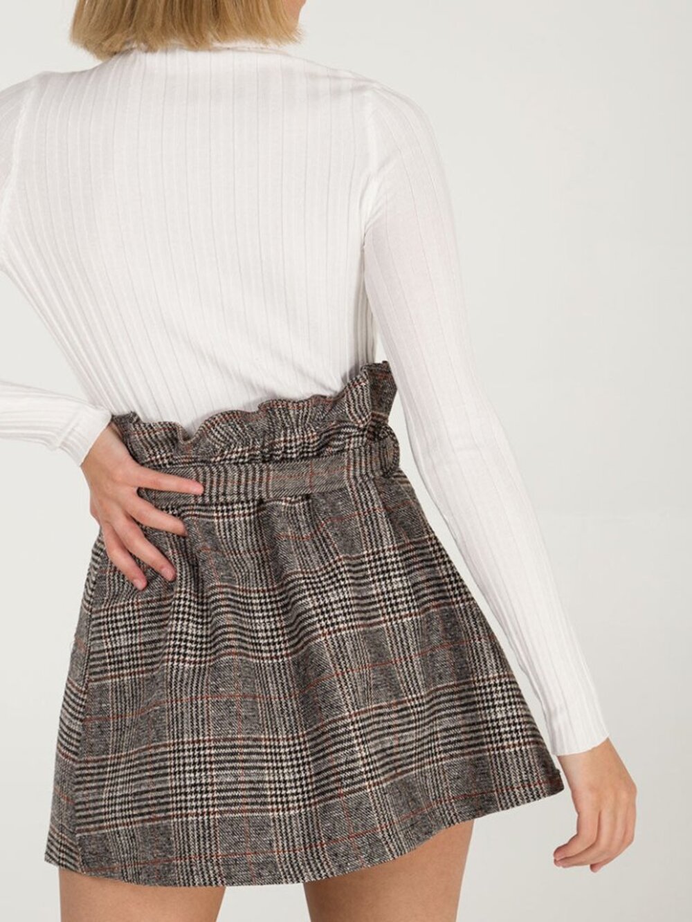 H&M Plaid Paperbag Waist Mini Skirt Tie Belt Houndstooth